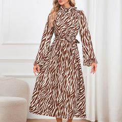 Slim Elegant Flare Sleeve StCollar Thin Strap Dress Leopard Print Printed Maxi Dress