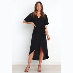 Solid Color Casual V-neck Lace-up Dress