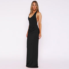 Deep V Plunge neck Hollow Out Cutout out Halter Slim Solid Color Sleeveless Sheath Dress