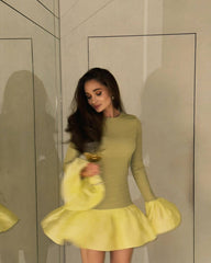 Sweet Stretch Knitted Puff Short dress Long Sleeve Ball Bell Sleeve Stitching