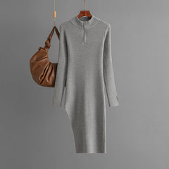 Zipper Knitted  Half High Collar Long Sleeves Bottoming Hip Solid Color Dress