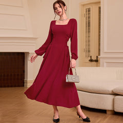 Square Collar Wine Red Dress  Retro Elegant Slim Fit Maxi Dress