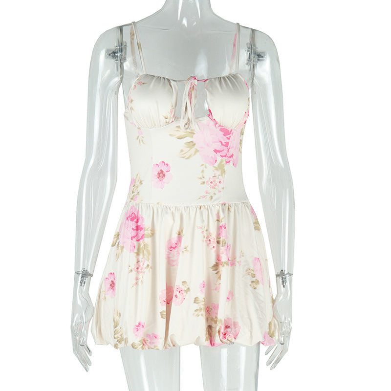 Vestido de princesa con tirantes cortos y diseño de cintura alta y estampado elegante para