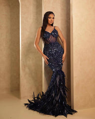 Heavy Industry Beads Feather Evening Dress Socialite Long Strap Dress