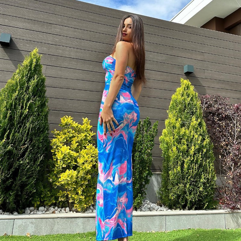 Casual Slim Print Wrapped Chest Split