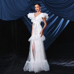 Vestido de noche elegante sin mangas con escote en V y lentejuelas largas para cóctel y cola de pez, vestido de dama de honor