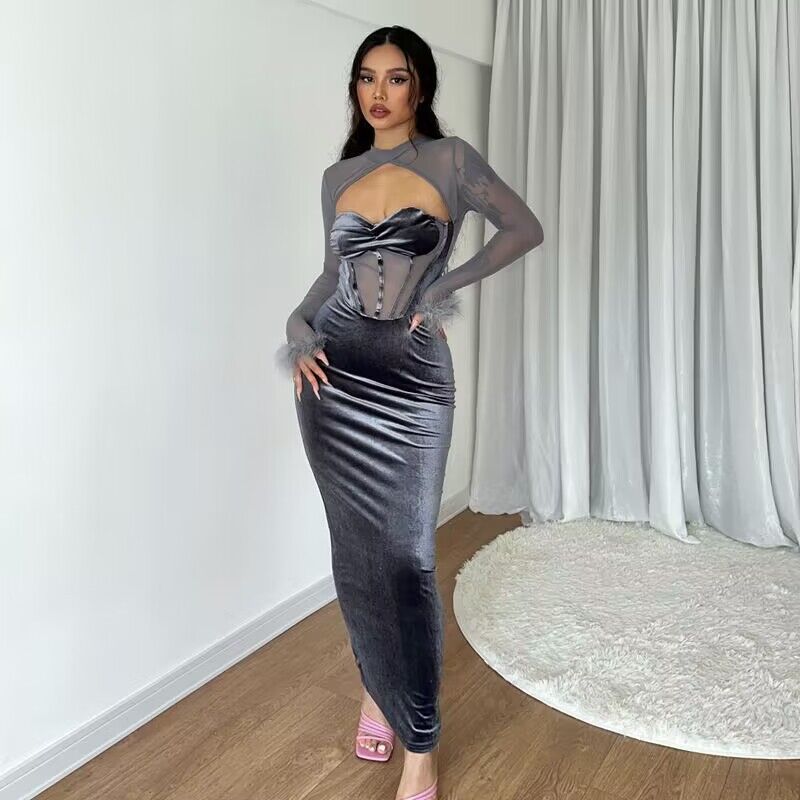 Fall Plush Mesh Stitching Night Club Hollow Out Cutout Dress Slim Fit AmiEmi Fall Plush Mesh Stitching Night Club Hollow Out Cutout Dress Slim Fit AmiEmi
