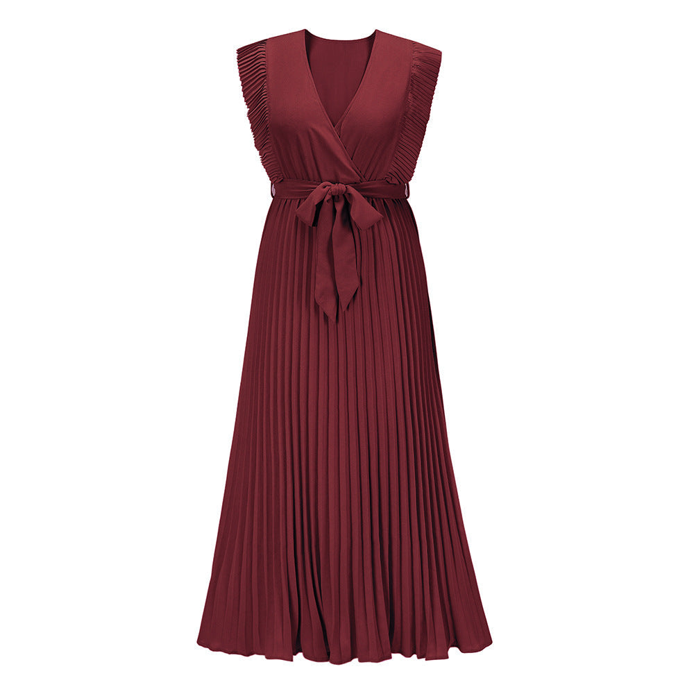 Elegant Beach DressSlim Fit Ruffle Sleeve Chiffon Pleated Solid Color Dress