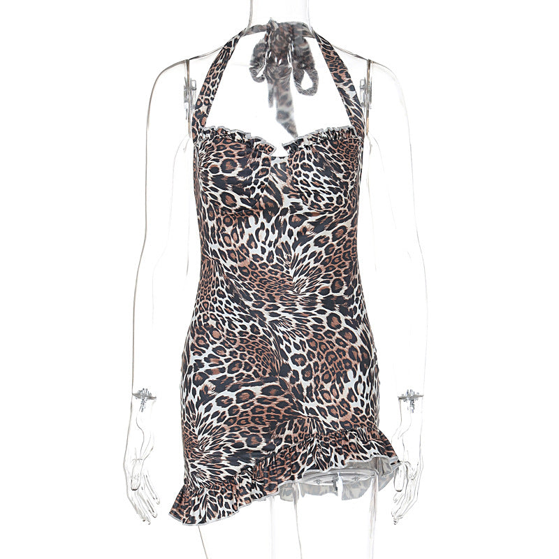 Leopard Print Lace up Backless Slim Hip Short Dress