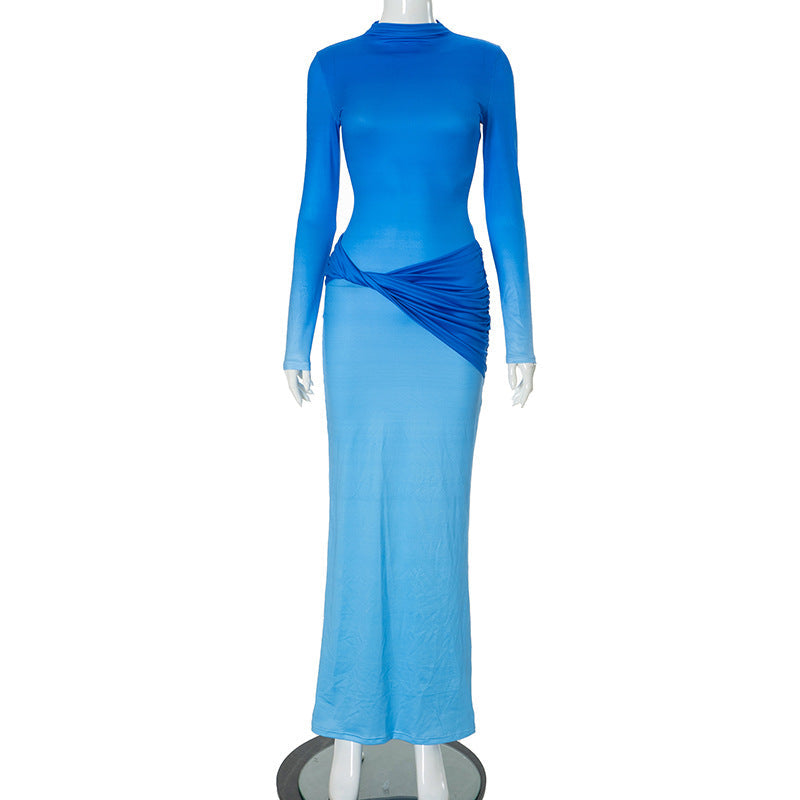 Long Sleeve Twisted Pleated Gradient Slim High Waist Length Dress