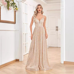 Vestido de noche con lentejuelas y espalda descubierta, escote en V profundo, vestido de dama de honor, vestido formal para fiesta, cóctel