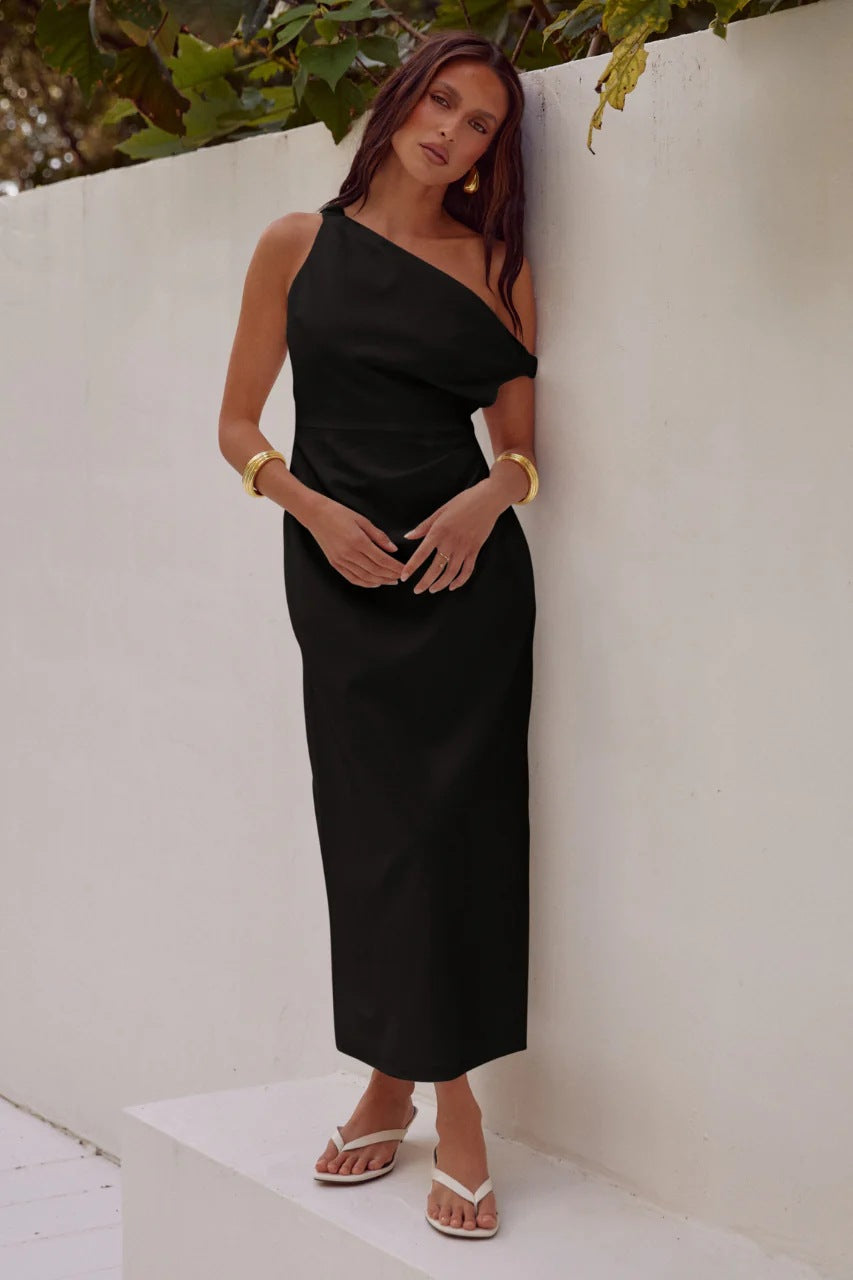 Solid Color Sloping Shoulder off the Shoulder Mid Length to Maxi Dress