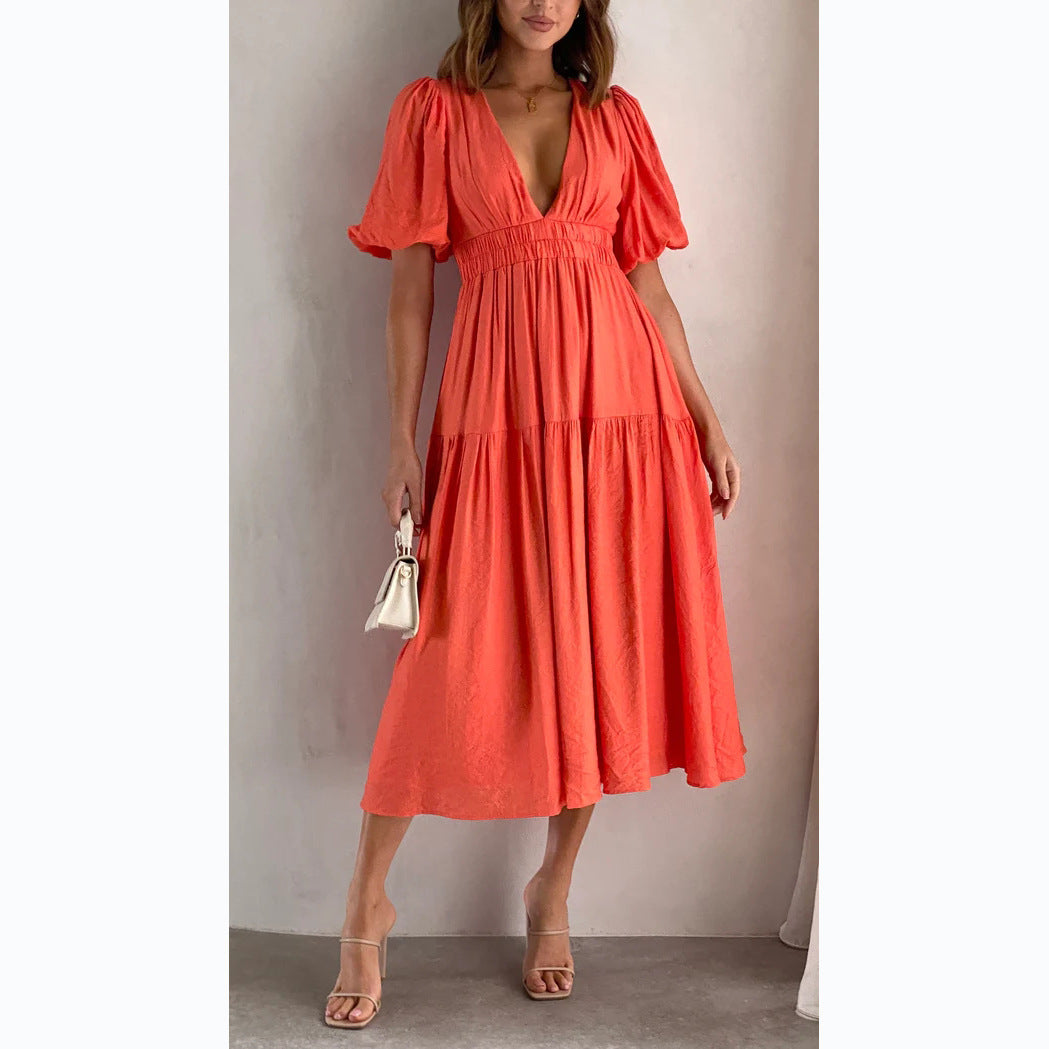 Casual Trends V neck Tight Waist Mid Length Dress