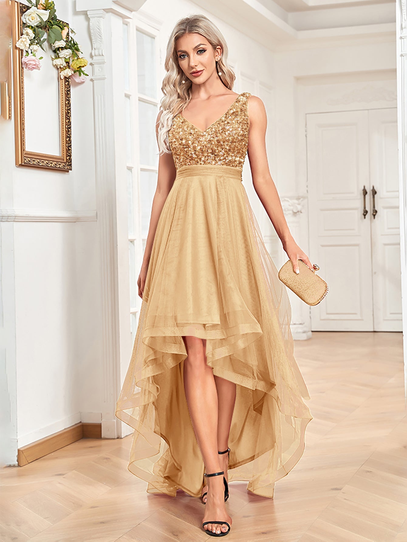 Vestido de dama de honor de gasa con escote en V doble, sin mangas, corte A, dobladillo grande, costura de lentejuelas, vestido de noche