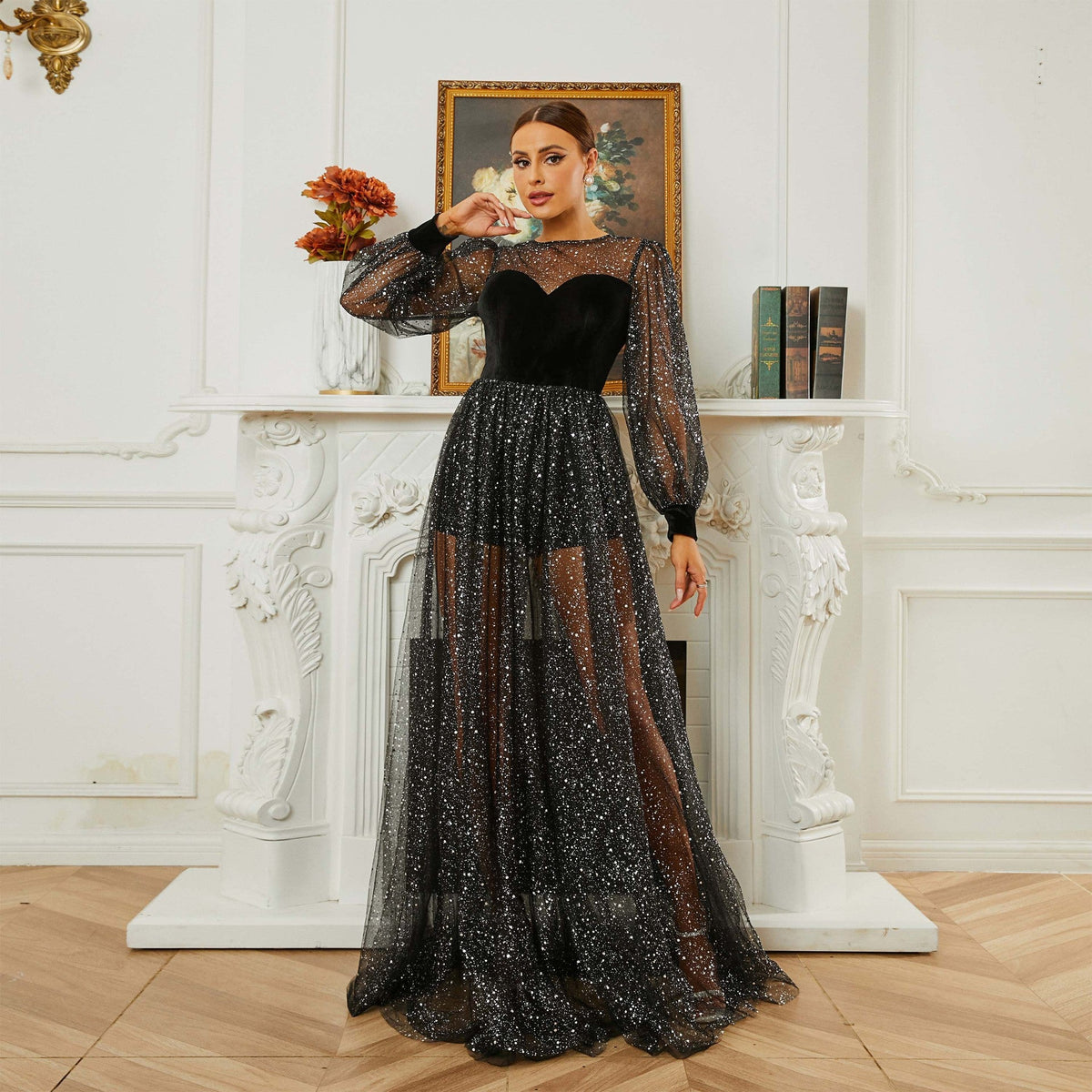 Vestido de noche de dama de honor con cuello redondo, manga larga y lentejuelas de gasa