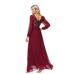 Long Sleeve Chiffon Stitching Sequ Toast Dress A line Large Hem round Neck V Back Fully Lined Elegant Evening Dress