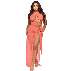 Halter Mesh Slim Fit High Slit Solid Color