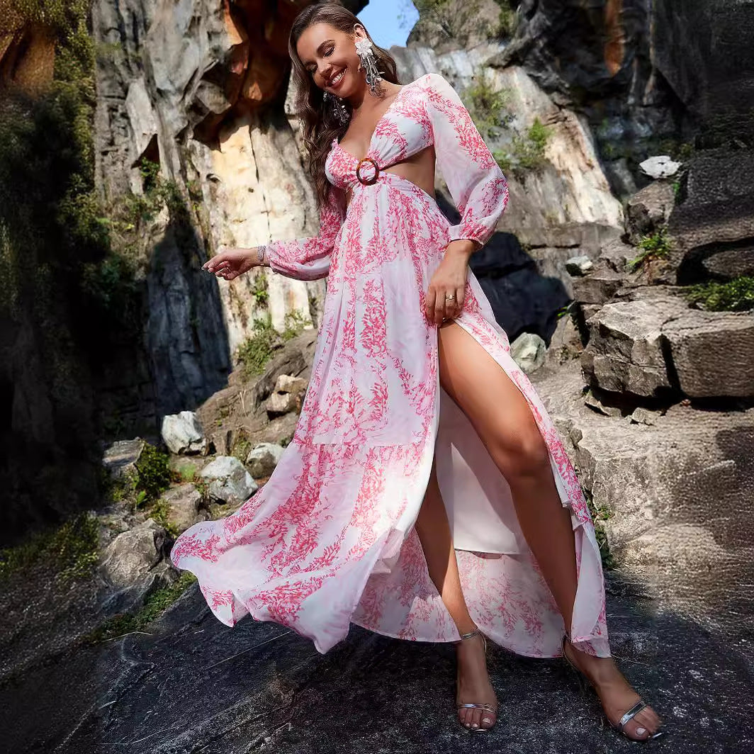 Chiffon Printed Long Sleeve Hollow Out Cutout Out Split Maxi Dress