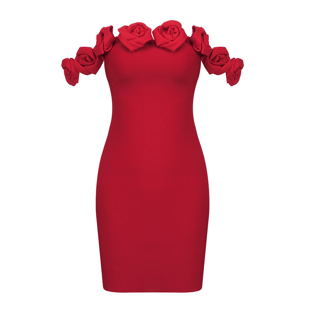 Vestido elástico con estampado floral y escote Bardot rojo