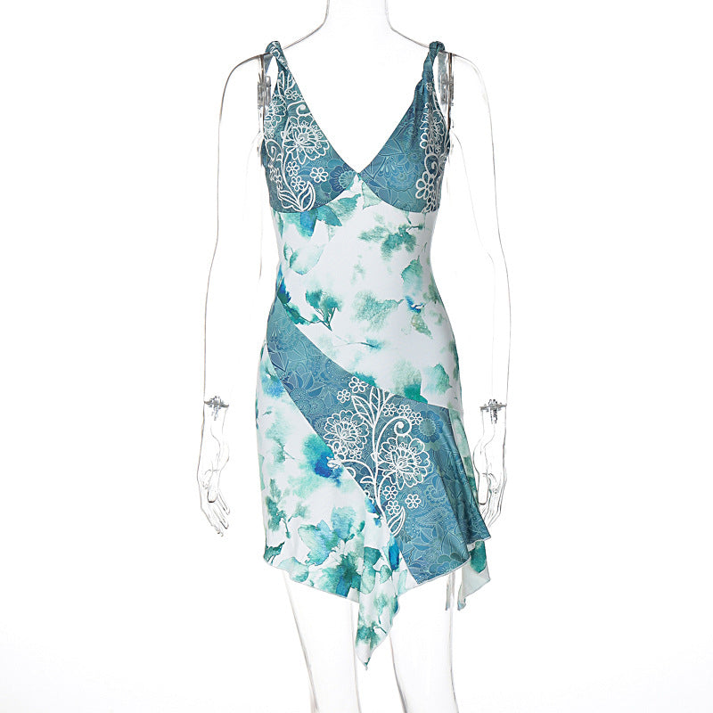 V neck Twist Spaghetti Strap Floral Print Dress Short