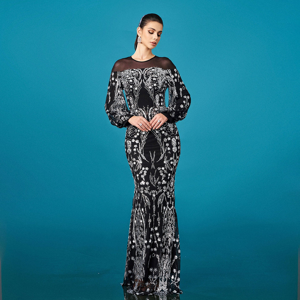 High Grade Long Sleeved round Neck Cocktail Sequined Sheath Fishtail Evening Dress Bridesmaid Dress