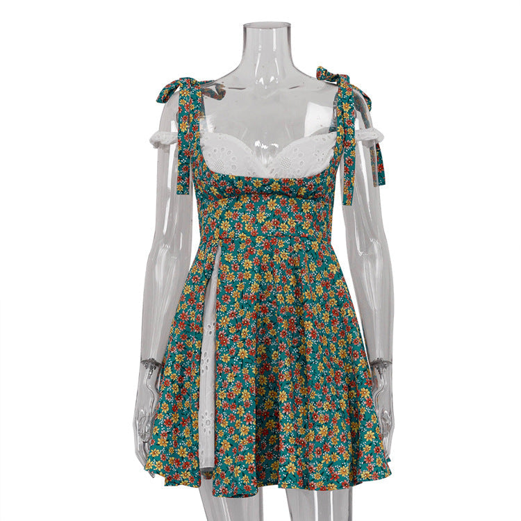 French Floral Slit Dress Niche Design Splicing Sling Dress