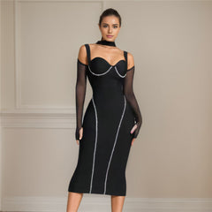 Vestido elegante de fiesta para mujer con vendaje, corte calado y costuras enjoyadas