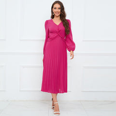 Long Sleeve V Neck Slim Fit Pleated Dress Solid Color Lantern Sleeve Maxi Dress Popular