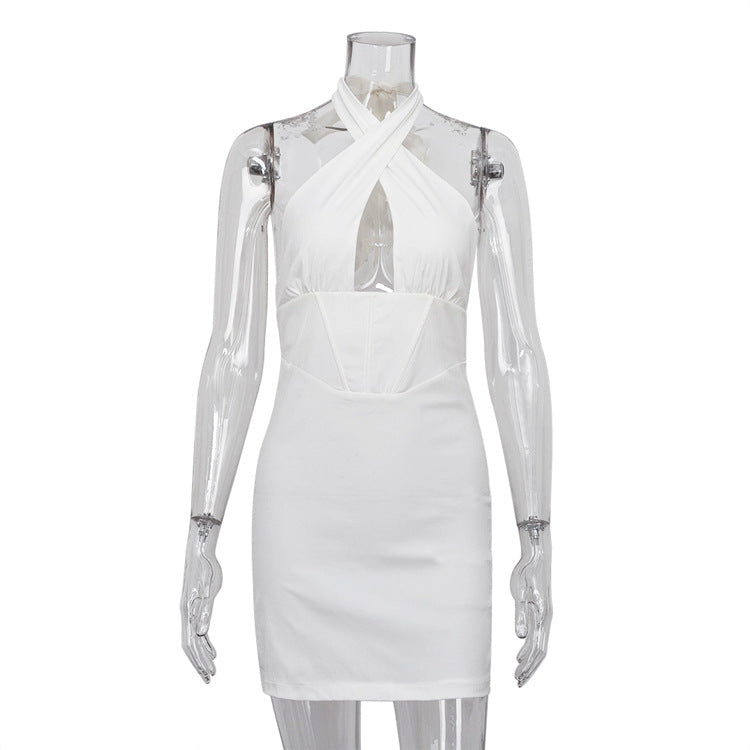 Vestido ajustado con cuello halter, cruzado, con corsé, espalda descubierta y deshuesado en la cadera