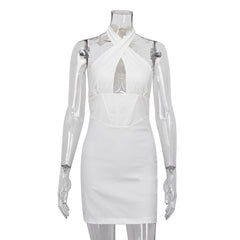 Vestido ajustado con cuello halter, cruzado, con corsé, espalda descubierta y deshuesado en la cadera