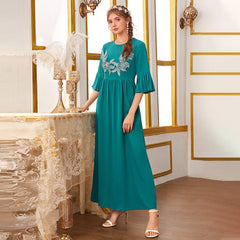 Vestido sencillo de cuello redondo, plisado, manga corta, manga media, cintura alta