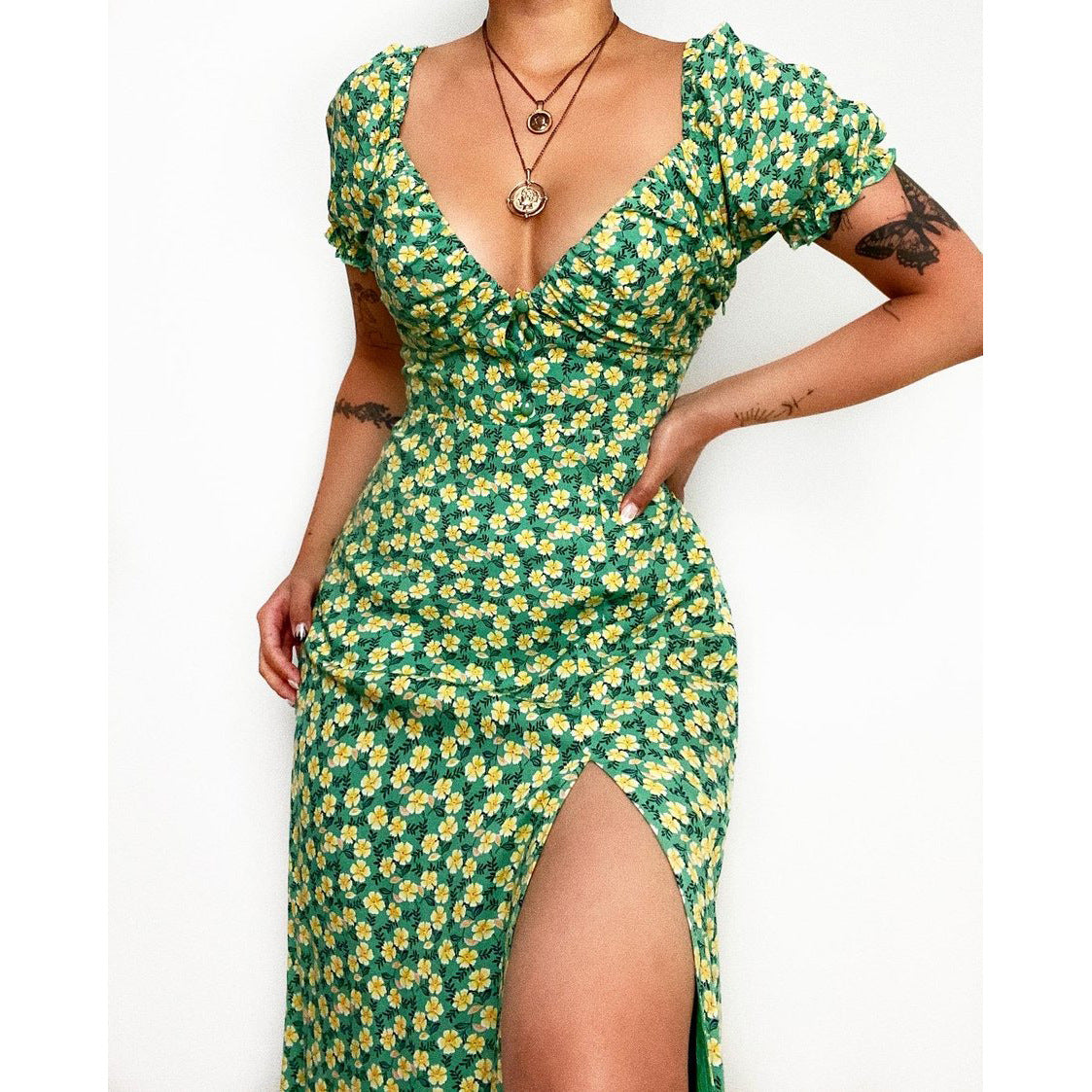 Floral Floral Print Fresh Sweet V-neck Mid-Length Dress