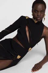 Hollow Out Cutout Single Long Sleeve Scarf Collar Dress Bandage One Piece Dress