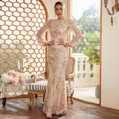 Elegante vestido de noche ajustado de manga larga con lentejuelas para cóctel y pasarela