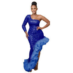 Sequin Single Shoulder Mesh Stitching Irregular Asymmetric Dress