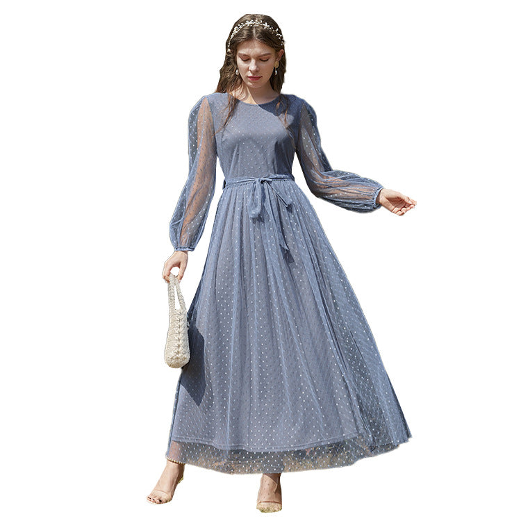 Casual Round Neck Stitching Mesh Dress