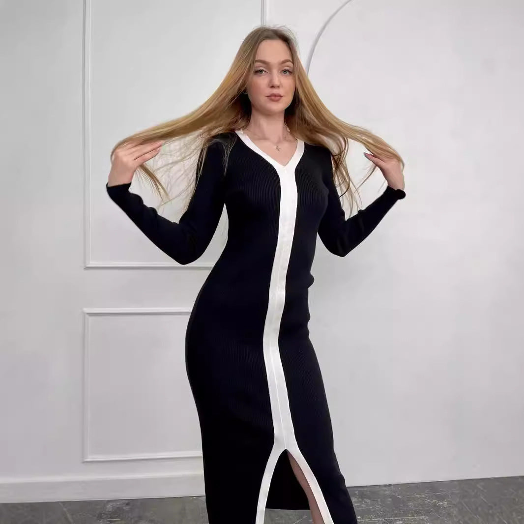 Long Sleeve V neck Stitching Contrast Color Knitted Dress Slim Slimming  Tight