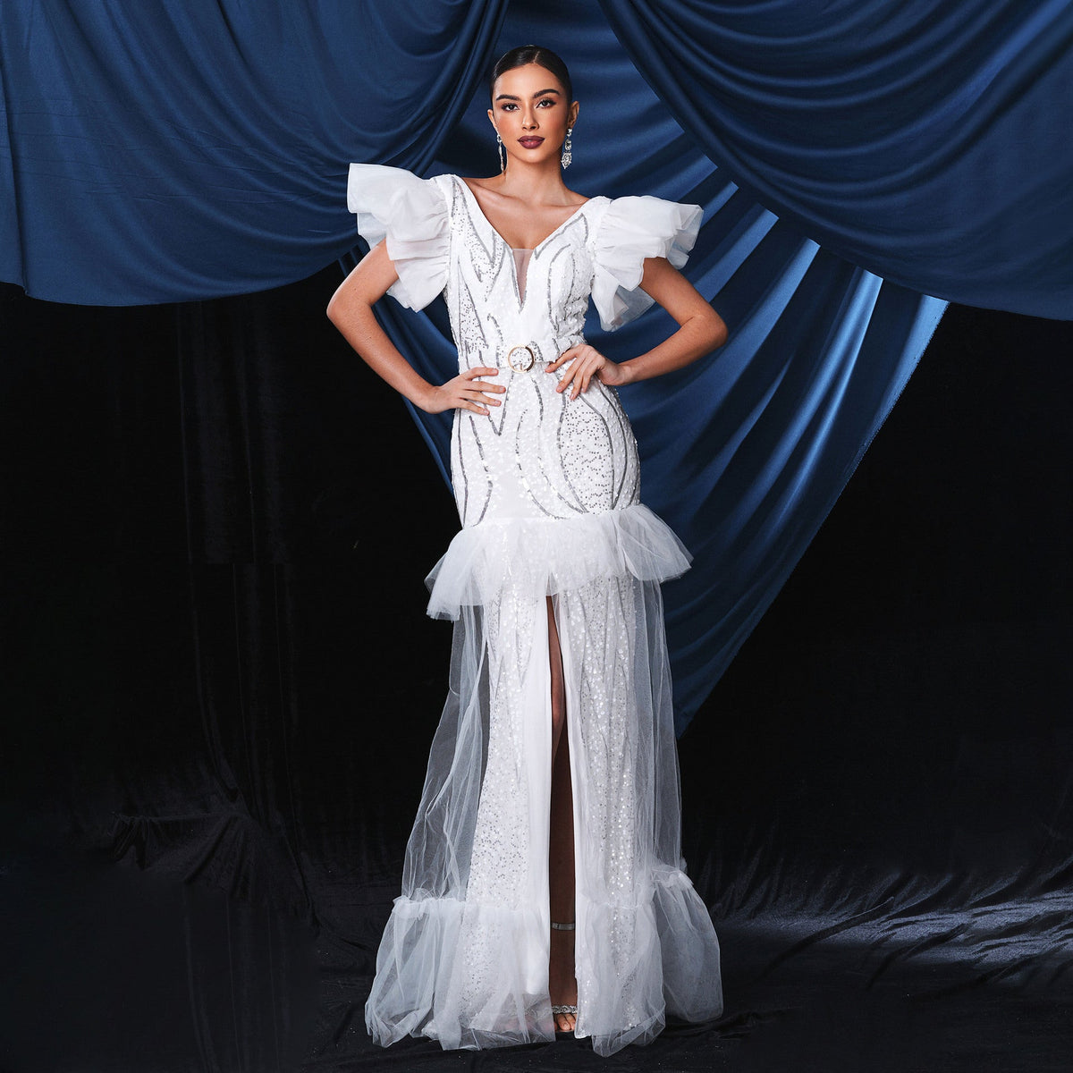 Vestido de noche elegante sin mangas con escote en V y lentejuelas largas para cóctel y cola de pez, vestido de dama de honor