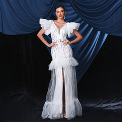 Vestido de noche elegante sin mangas con escote en V y lentejuelas largas para cóctel y cola de pez, vestido de dama de honor