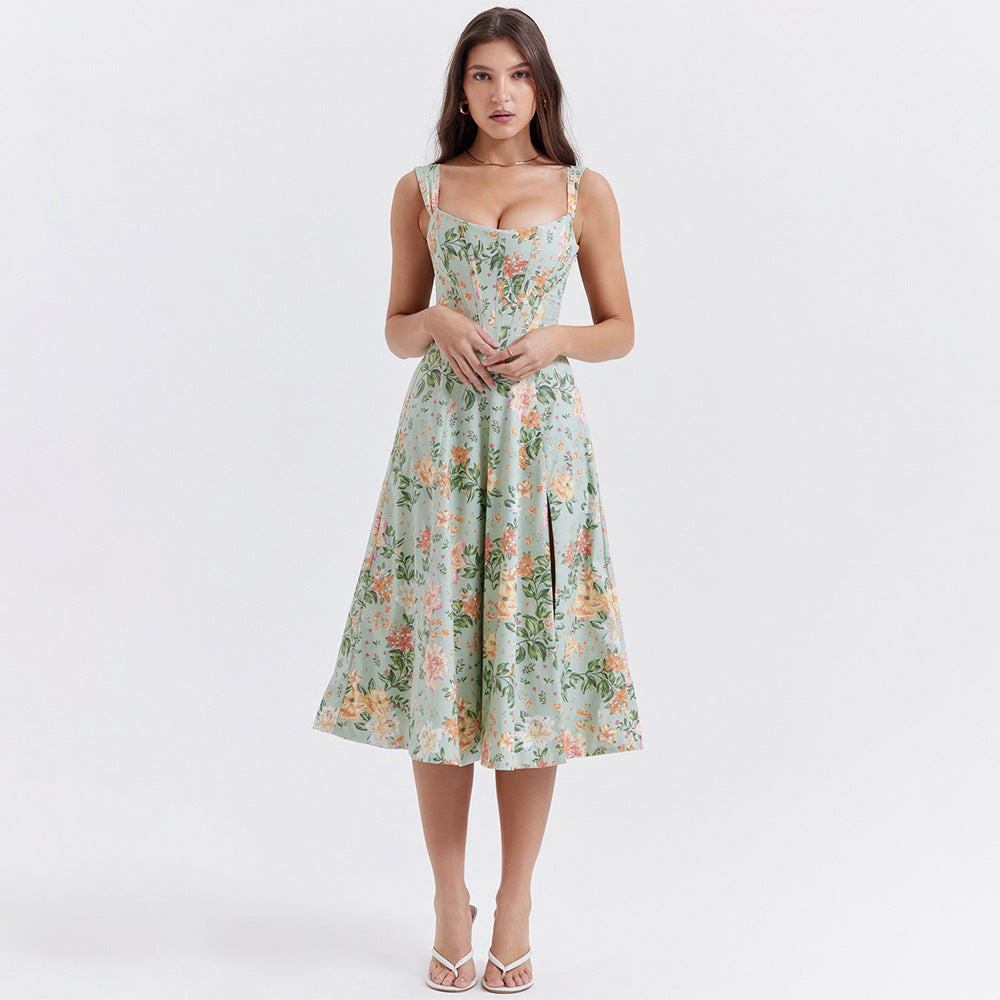 Boning Corset Cami Dress Slim Fit Backless Slit Midi Floral Dress Dopa – AmiEmi