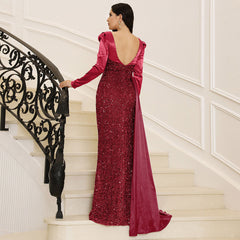 Red Evening High Grade Off Shoulder Backless Sequined Toast Dress Cocktail