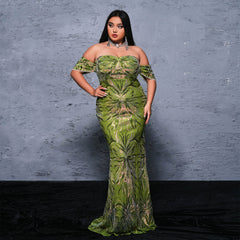 Vestido de noche de cóctel con lentejuelas y escote alto y largo, talla grande