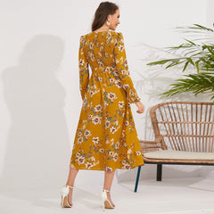 Fall Retro Long Sleeve Smocking Floral Mid Length round Neck Dress Popular