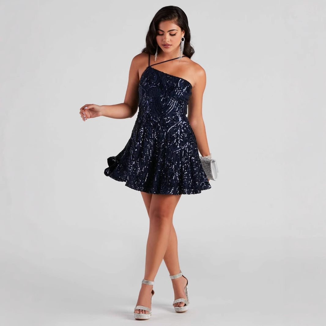 Vestido Sequ con un hombro al descubierto y lentejuelas para fiesta en discoteca