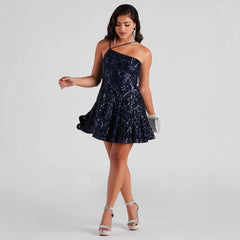 Vestido Sequ con un hombro al descubierto y lentejuelas para fiesta en discoteca