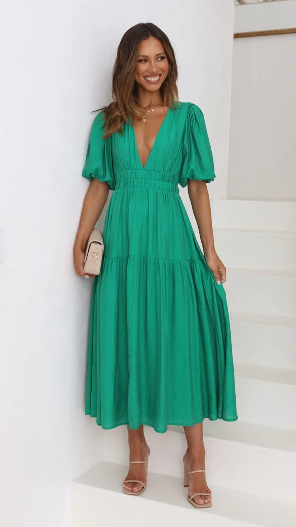 Casual Trends V neck Tight Waist Mid Length Dress