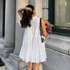 Vestido elegante blanco que combina con todo, cuello redondo, lazo, cordones, elegante, suelto, corto
