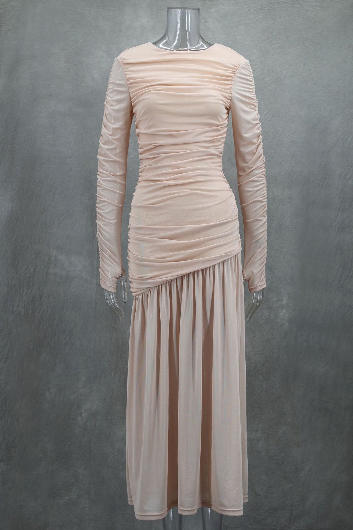 Elegant round Neck Long Sleeve Slim Fit Slimming Pleated Solid Color Maxi