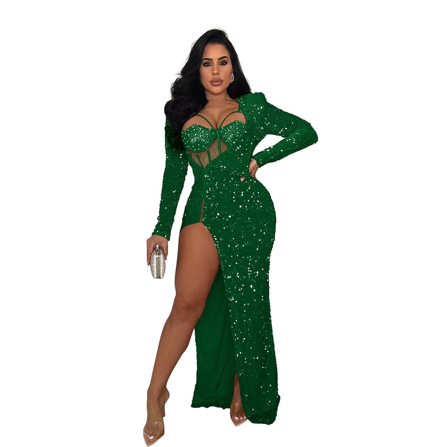 Wear Solid Color Sequ Slit Maxi Dress