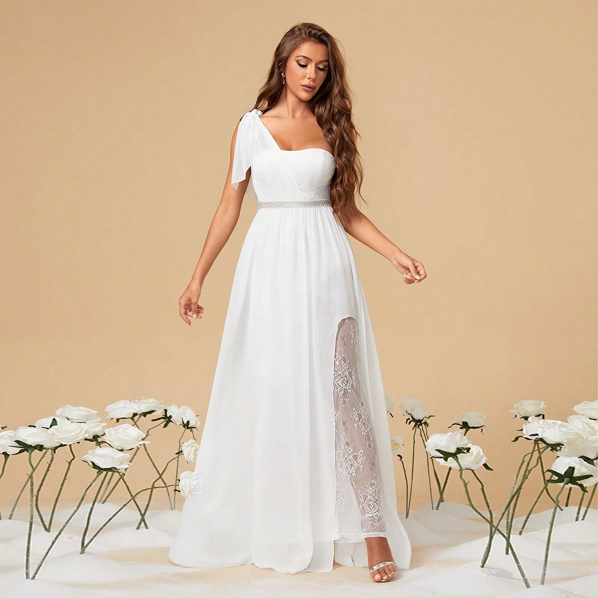 Vestido de un solo hombro blanco con abertura y cintura transparente para adelgazar, vestido de noche para fiesta anual